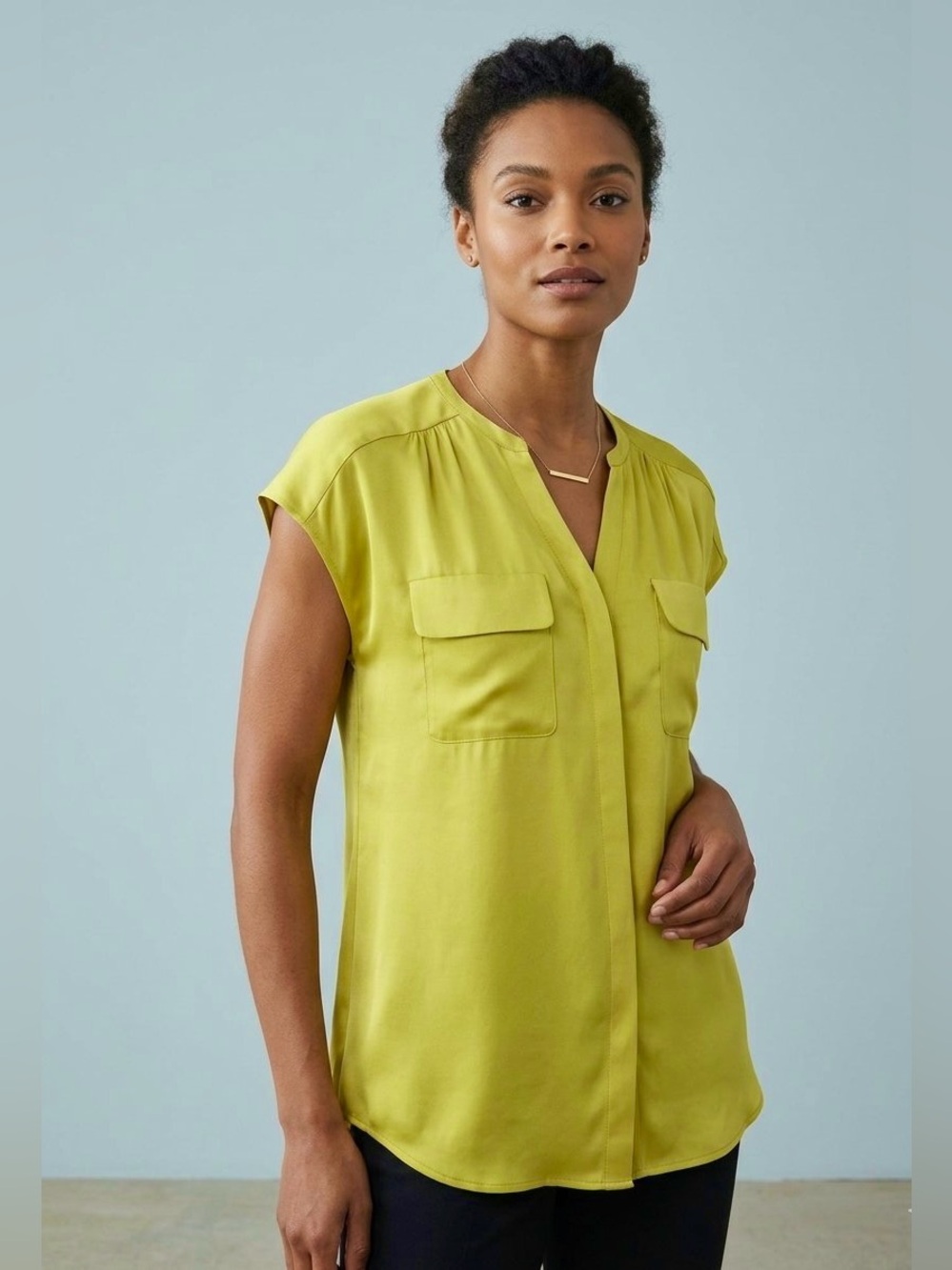 Classiques Entier Cap Sleeveless Silk Blouse Chartreuse Yellow Sz L Luxury